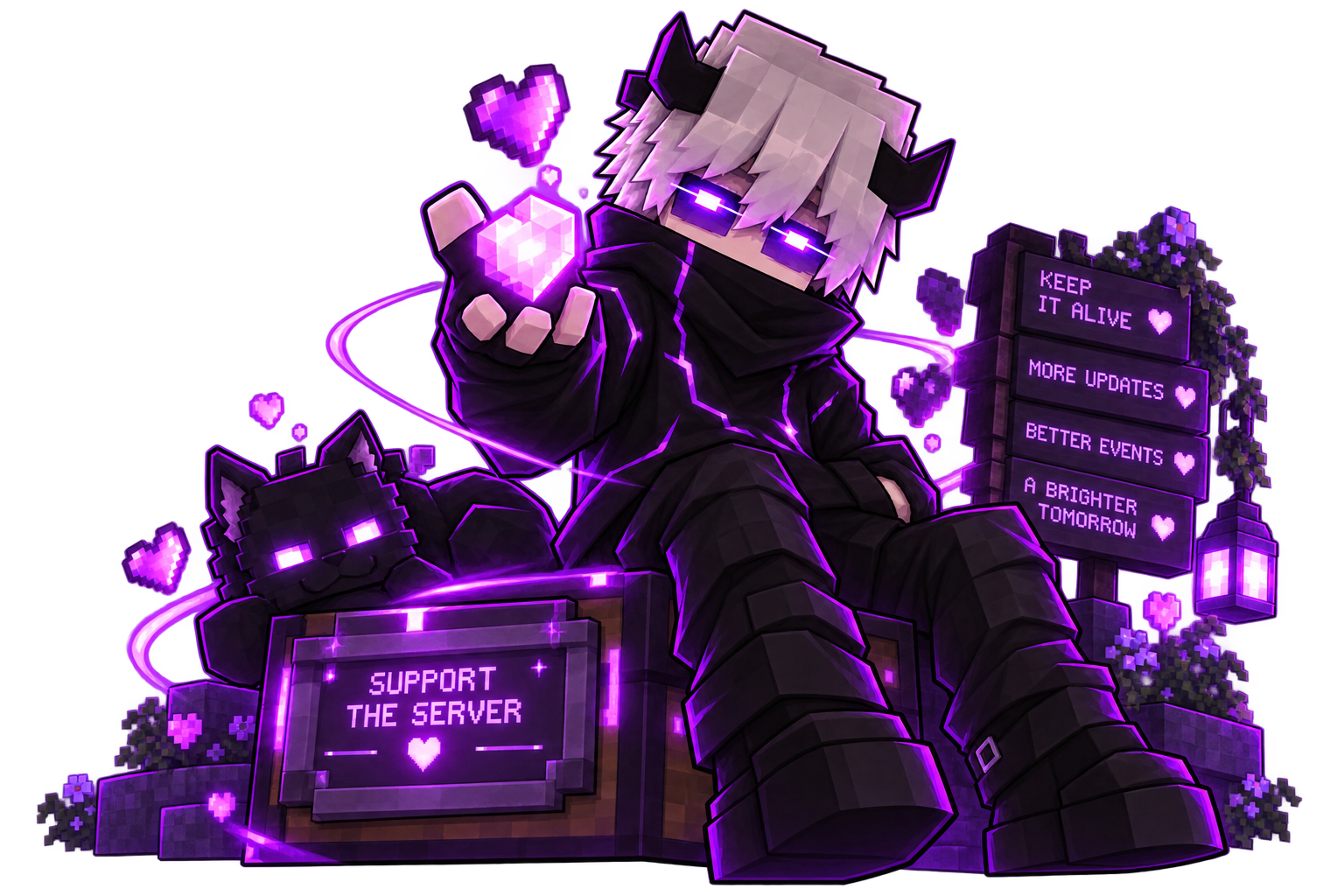 Voided characters sharing hearts beside a Support the Server sign